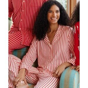 Hanna Andersson Pajama Set Womens M Red Ribbon Ecru Stripe Pima Cotton Pants/Top